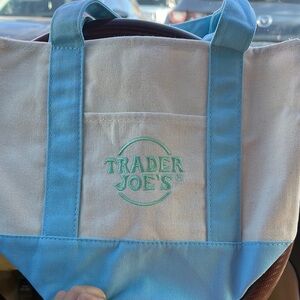 Trader Joe's Blue and Cream Canvas Tote Bag with Spacious Design